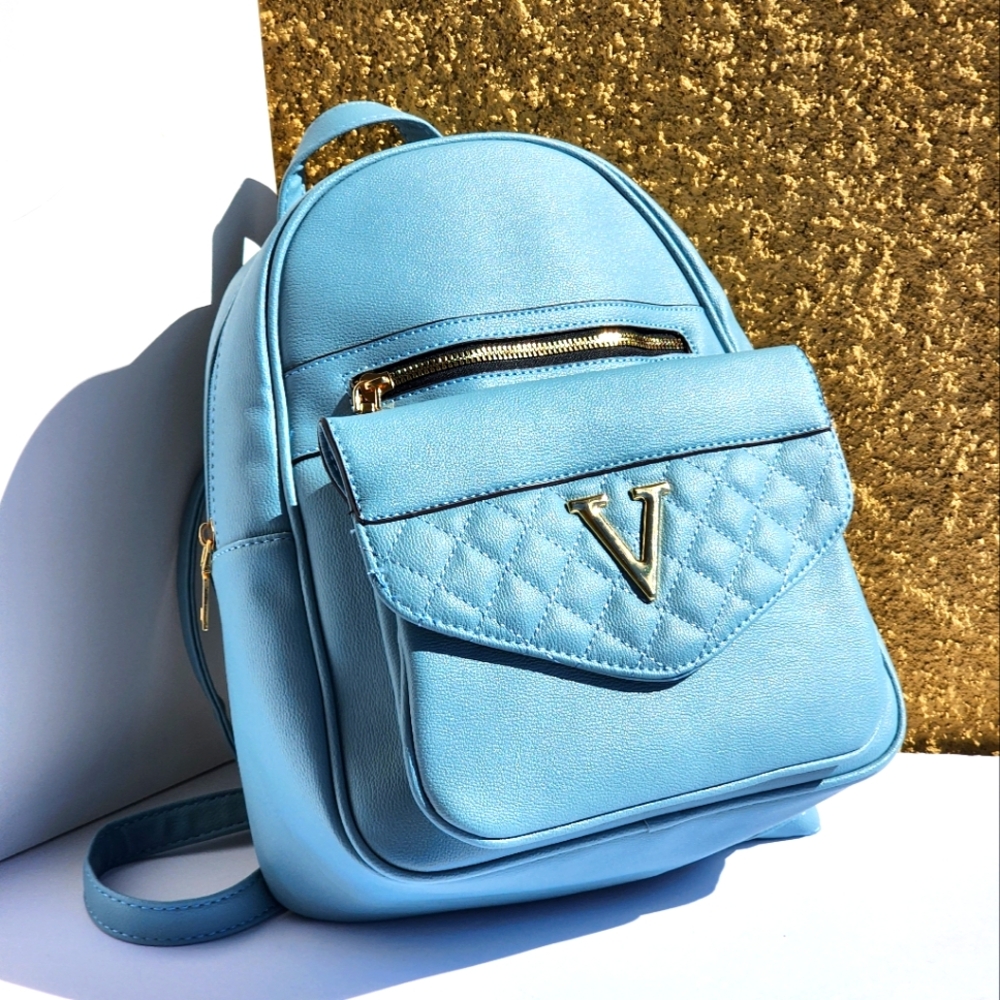AR New York Women's Baby Blue Vegan Faux Leather Multi Pocket Stylish Backpack